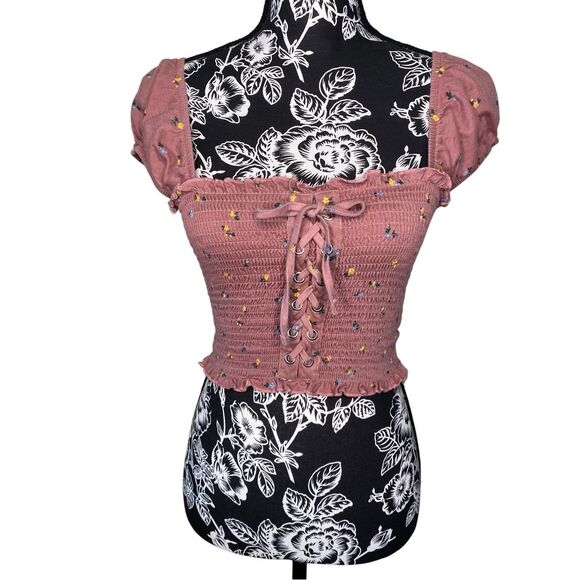 Me To We Smocked Crop Top Stretch Lace Up Sexy Coquette Cottage Corset Style - Picture 1 of 11